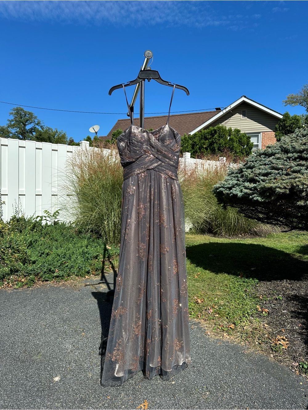 Adrianna Papell Hailey Elegant Embellished Grey and Gold Evening Gown